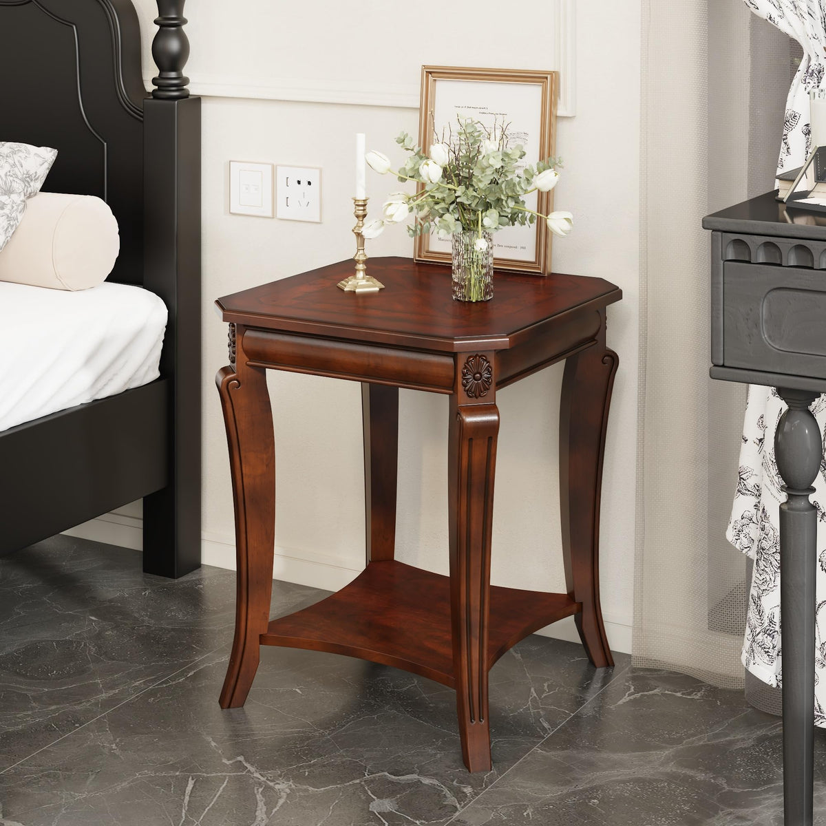 Cherry Brown Side Table with Storage Shelf X484