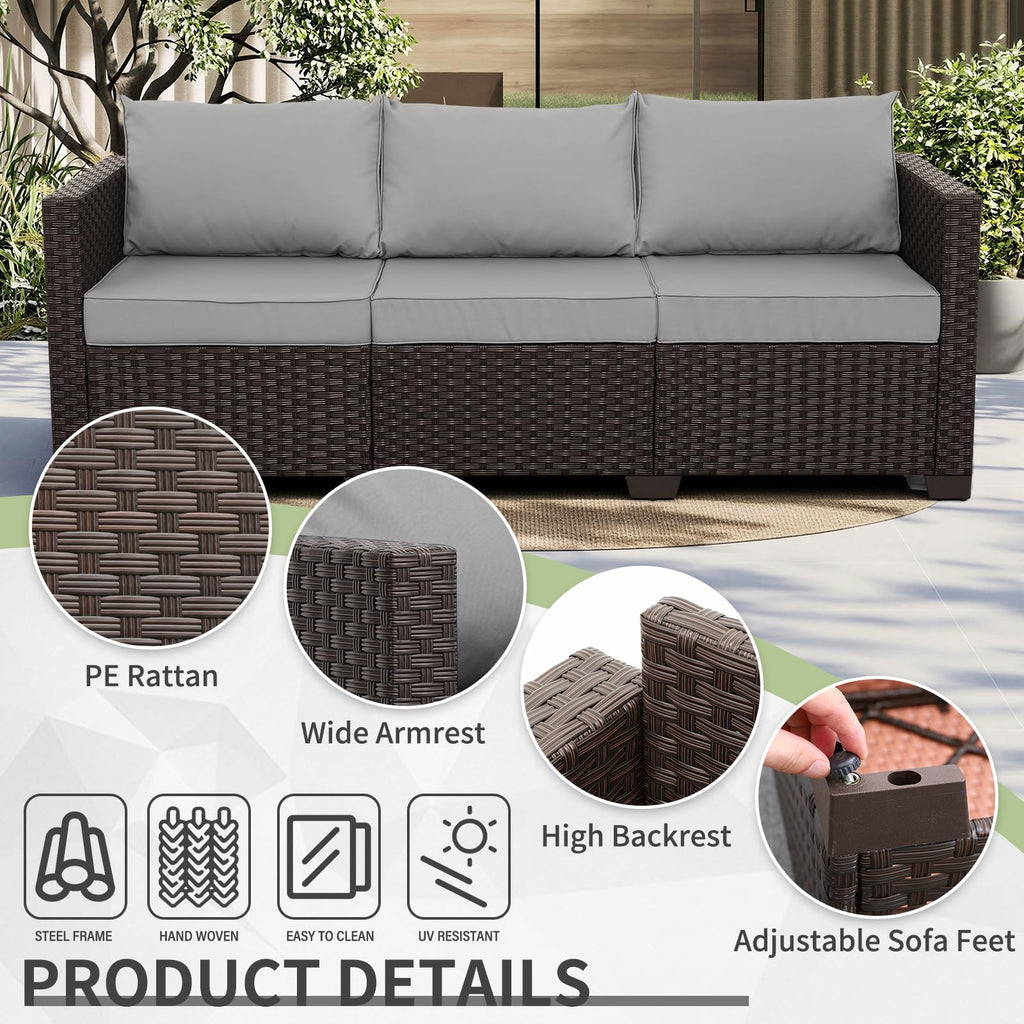 Brown Wicker 3-Seat Outdoor Sofa with Grey Cushion B447224