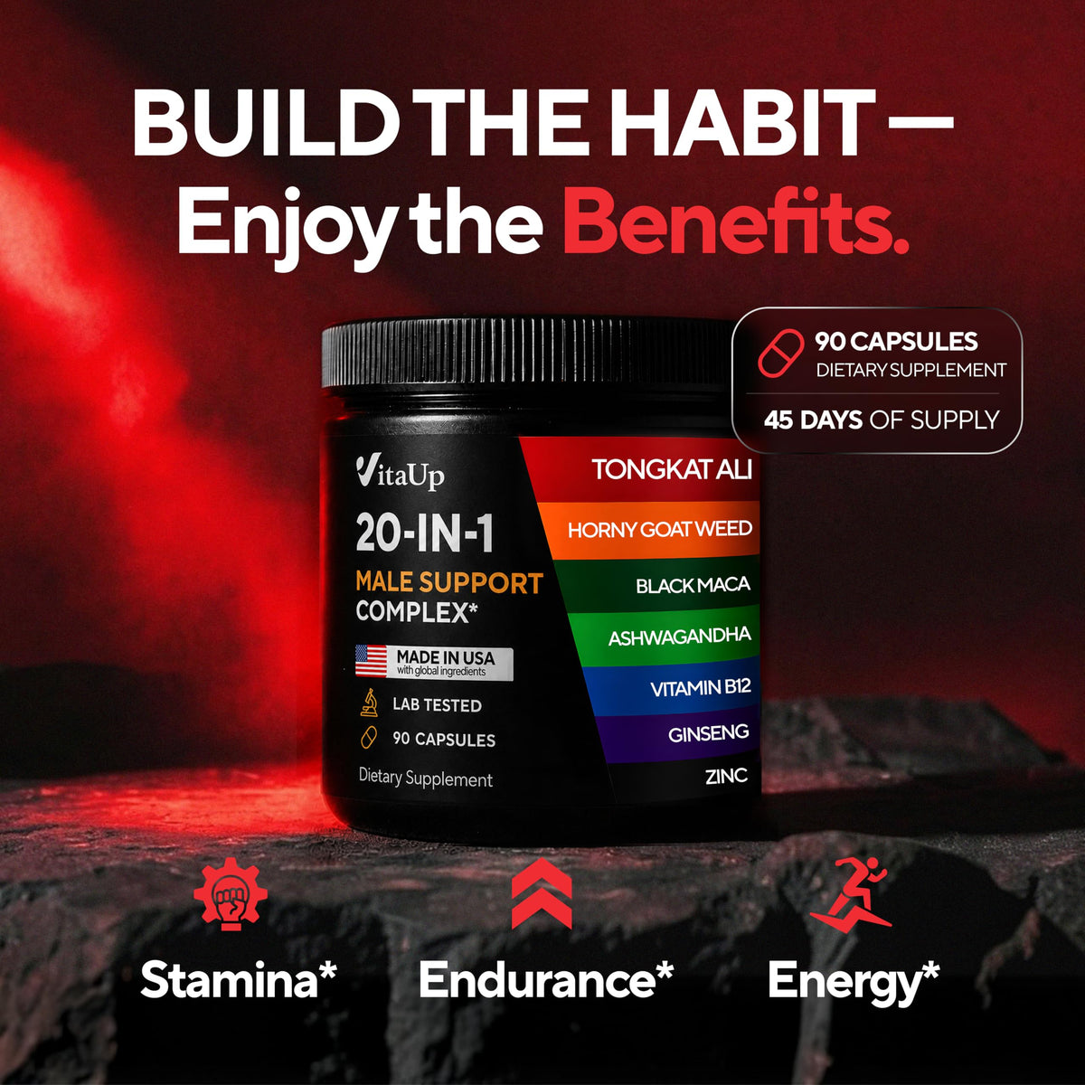 90 Vegan Caps Men Supplements with Tongkat Ali, Black Maca Root, Zinc, Vitamin B12 V8474