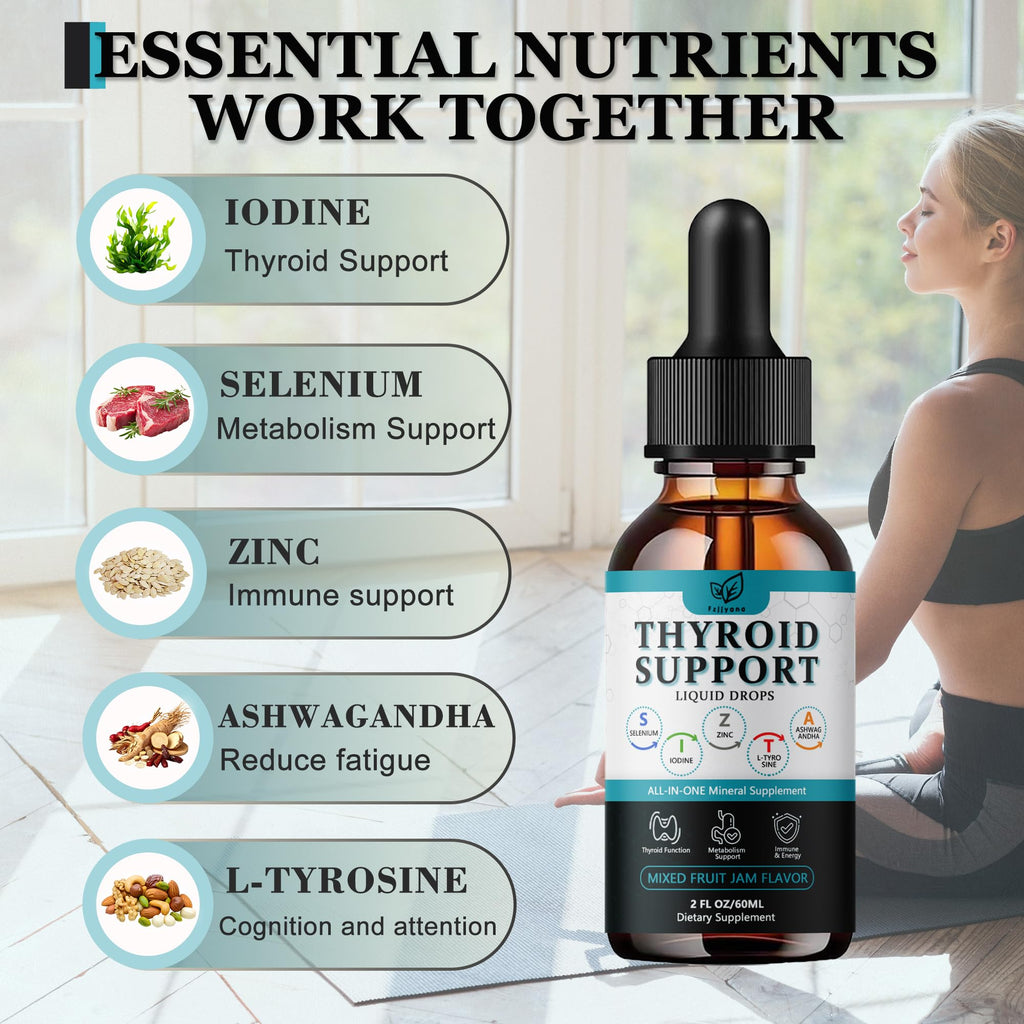 Liquid Thyroid Support Drops with Selenium Zinc Iodine L-Tyrosine Ashwagandha O9796