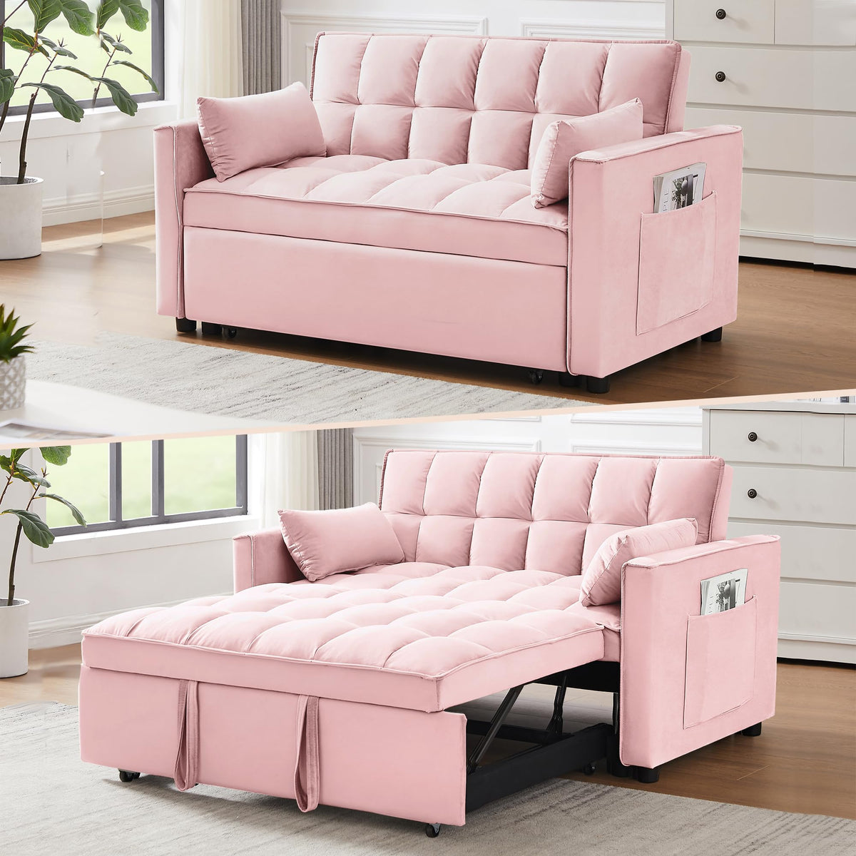 3 in 1 Convertible Sleeper Sofa Bed Velvet Pink M88475