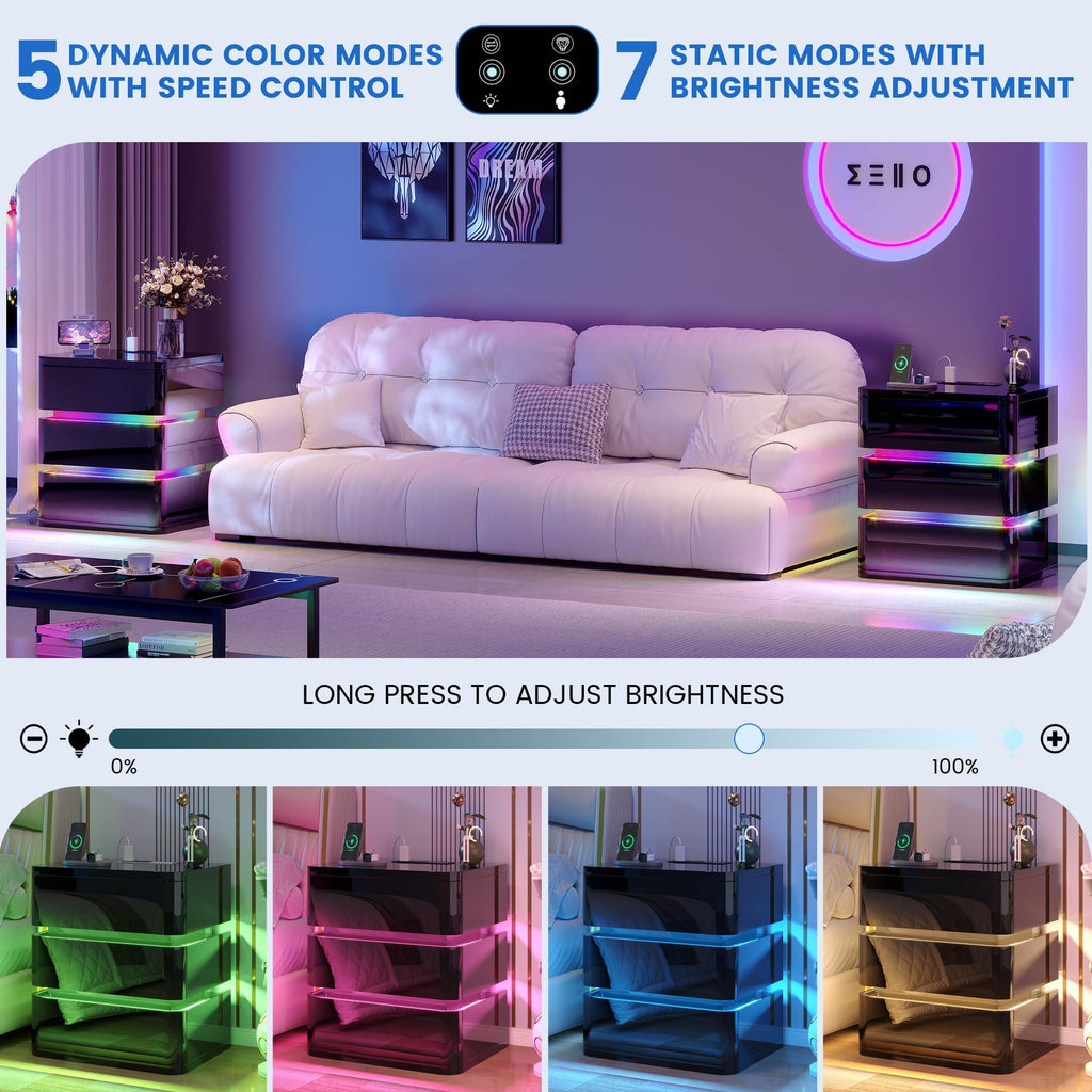 3-Drawer Nightstand with Charging Station & LED Lights Q9238