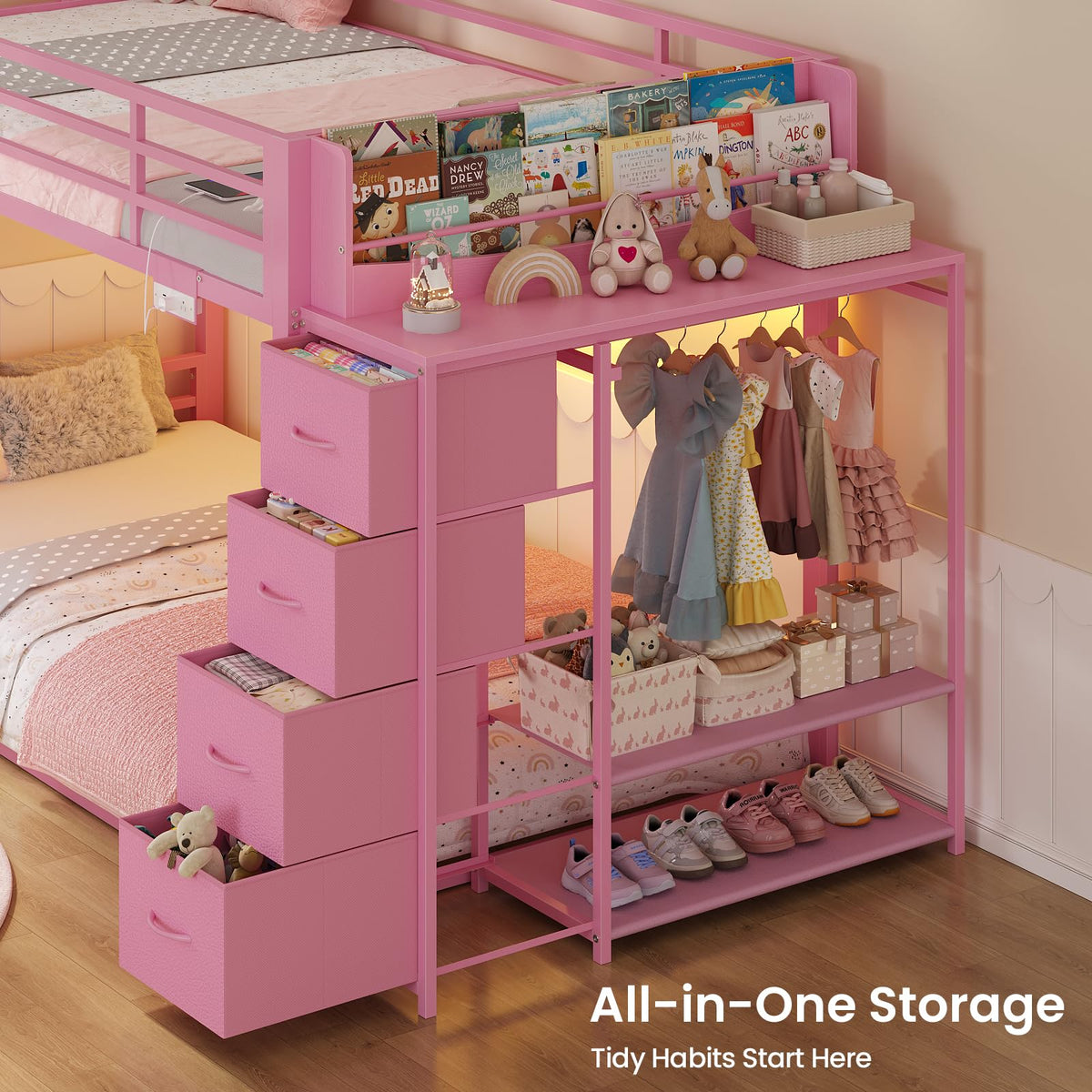 Pink Twin Over Twin Bunk Bed with Bookshelf & Storage Drawer C876
