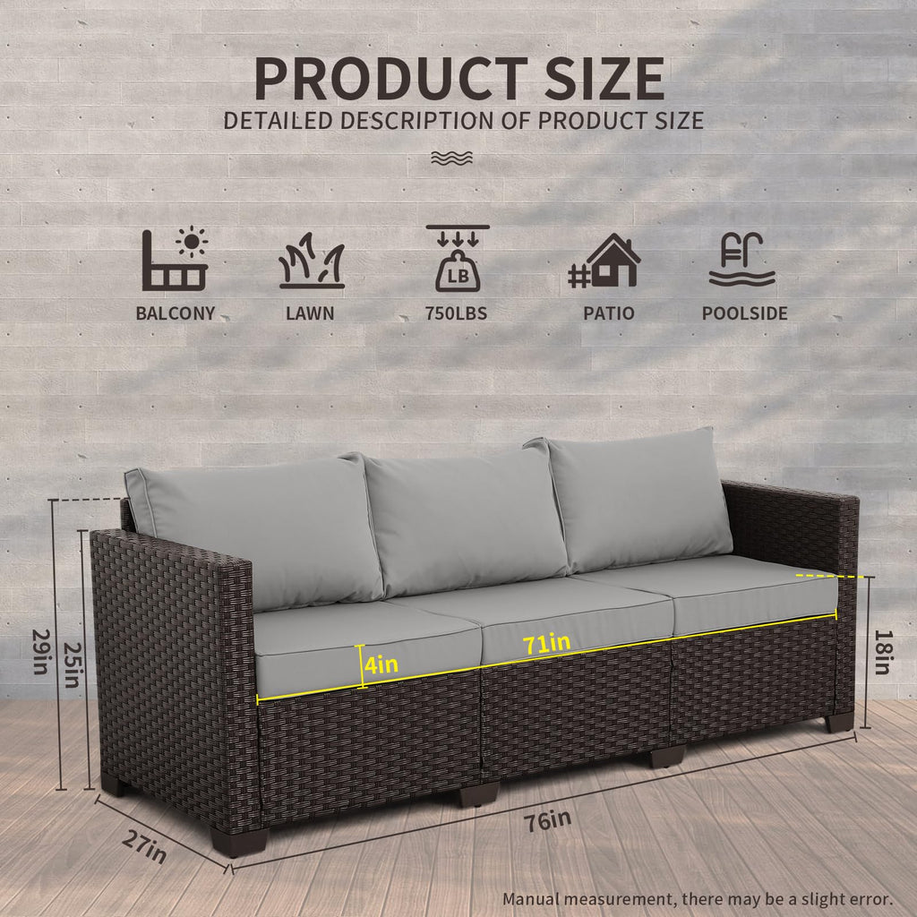 Brown Wicker 3-Seat Outdoor Sofa with Grey Cushion B447224