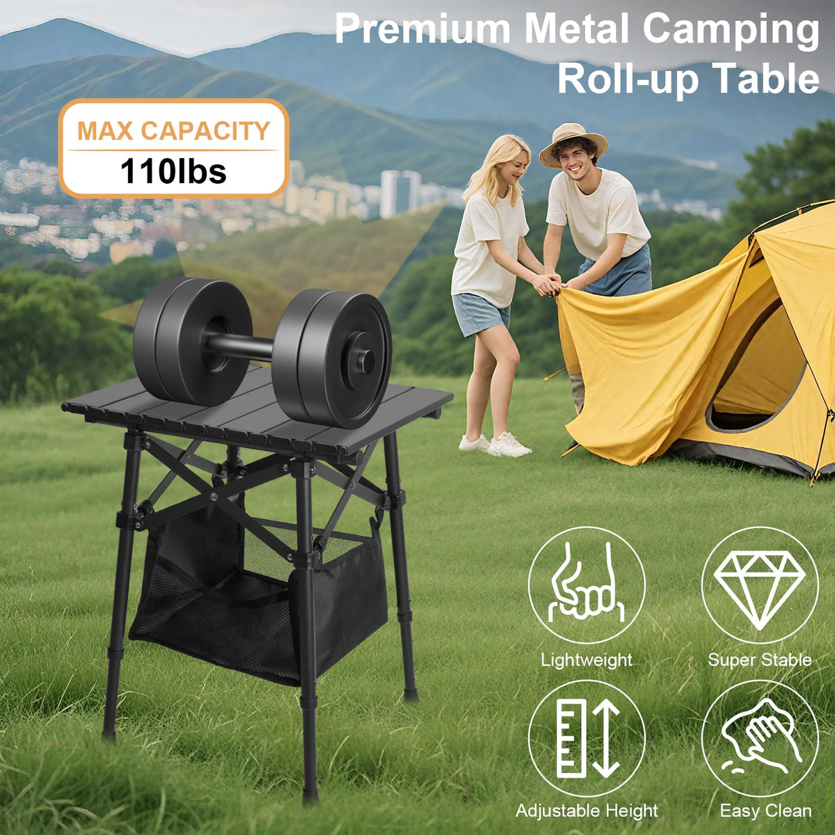 Folding Camping Side Table, Adjustable Height L356