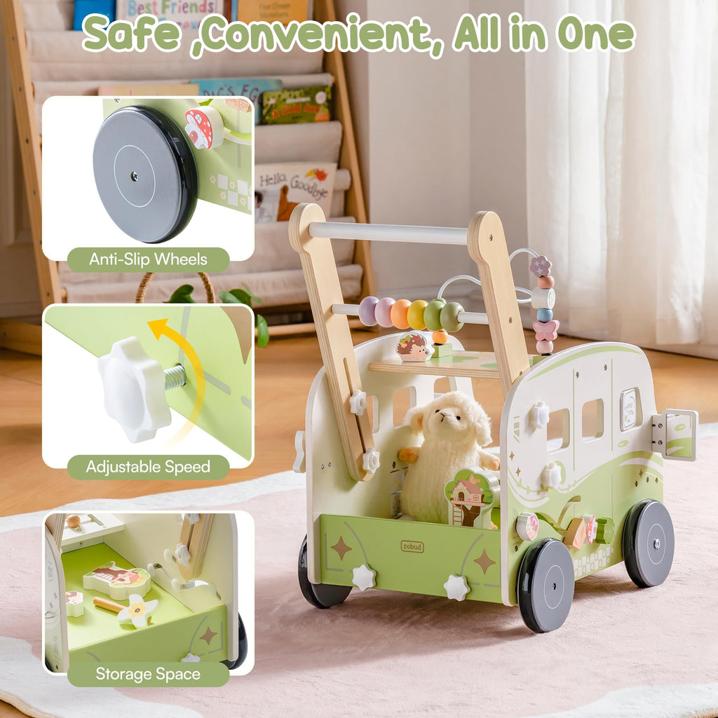 Wooden Adjustable Baby Push Walker with Anti-Slip Wheels N78383