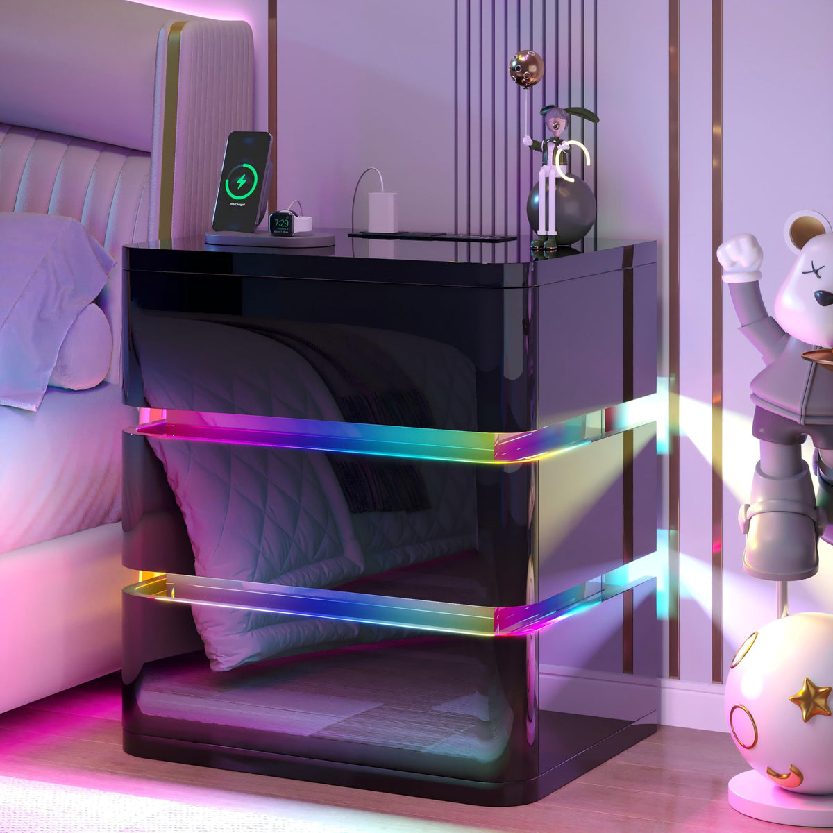 3-Drawer Nightstand with Charging Station & LED Lights Q9238