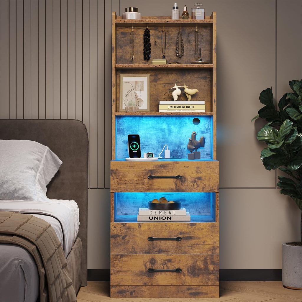 Rustic Brown Nightstand with Charging Station and LED Lights P25957