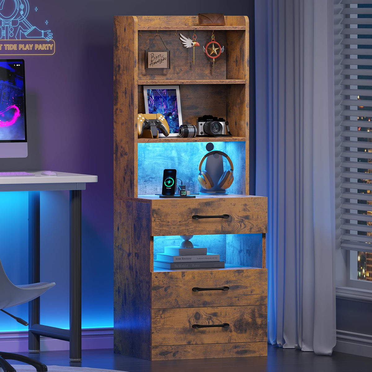 Rustic Brown Nightstand with Charging Station and LED Lights P25957