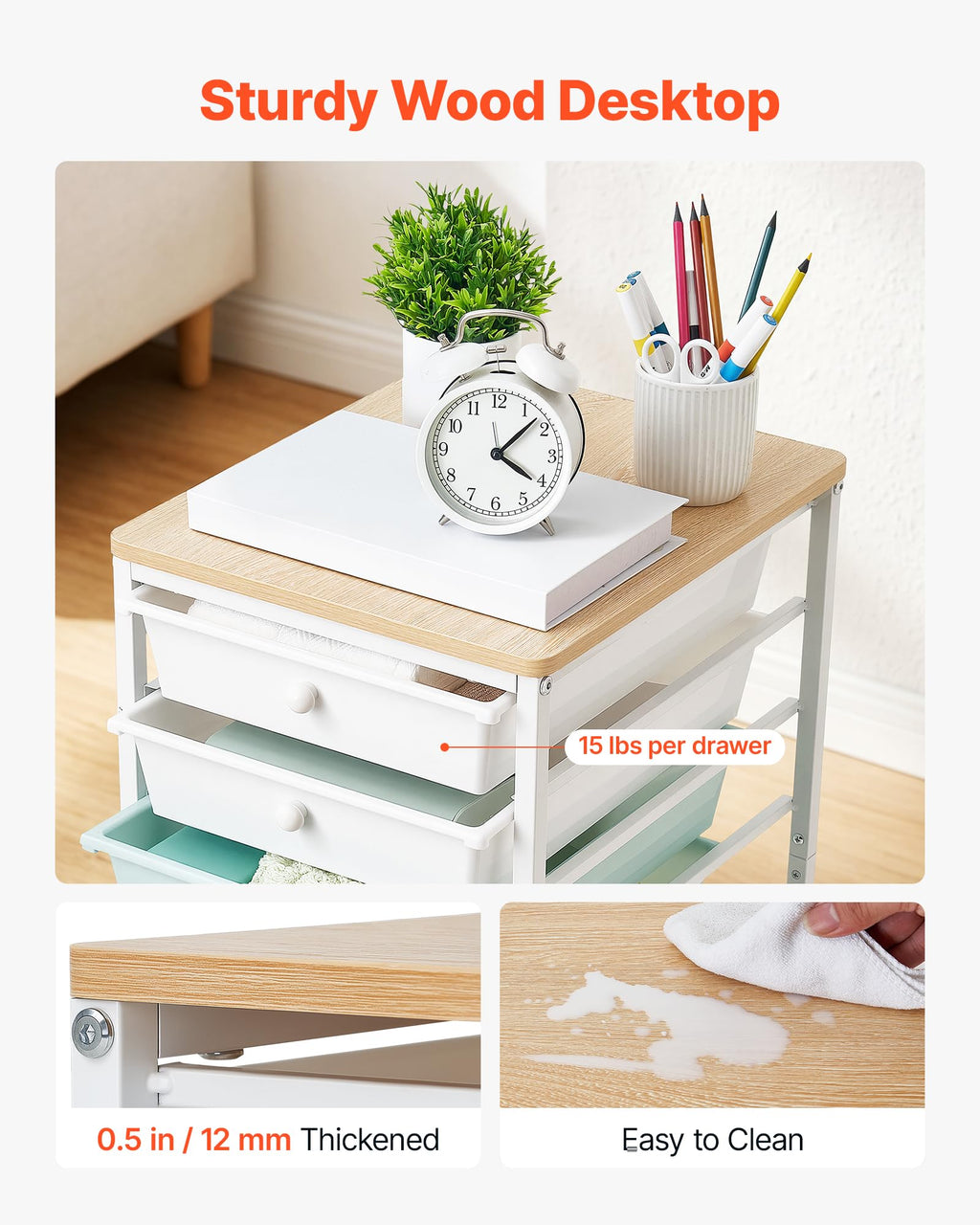8 Drawer Rolling Storage Cart with Wood Top V6253