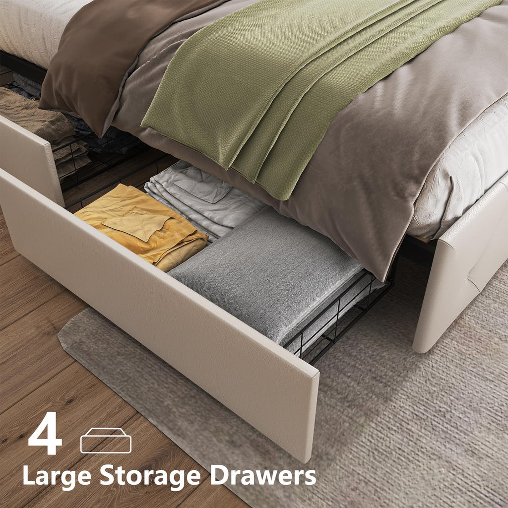 White Full Size Bed Frame with 4 Drawers and LED Light H392967