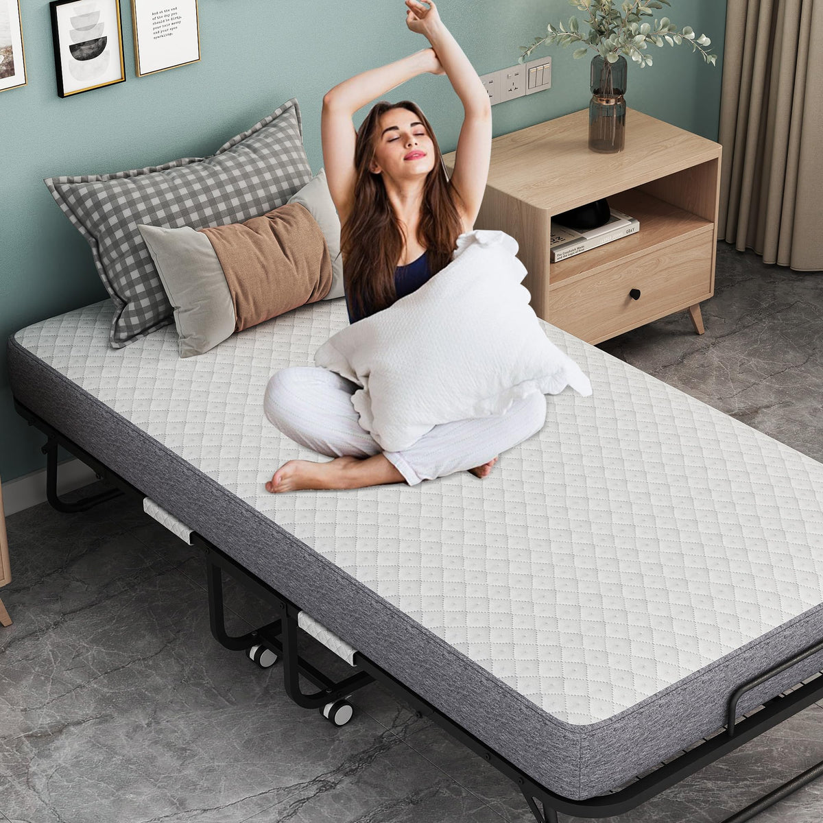 Folding Bed with 5" Memory Foam Mattress Twin Size Metal Frame O55116