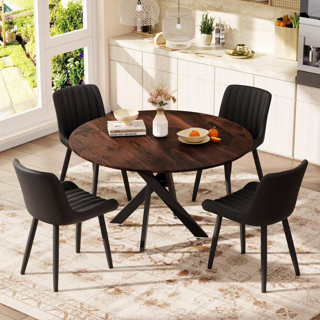 47" Walnut Round Dining Table Set for 4 with 4 Black Upholstered Chairs U710