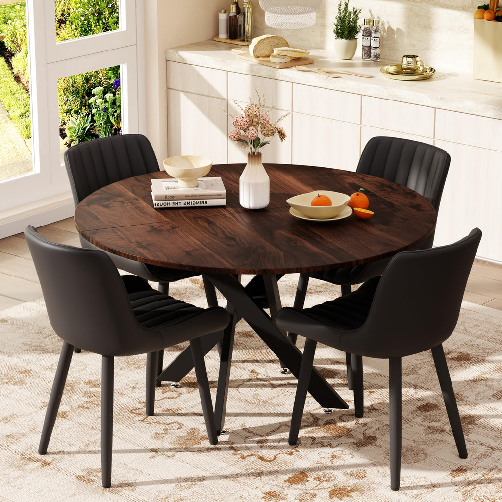 47" Walnut Round Dining Table Set for 4 with 4 Black Upholstered Chairs U710