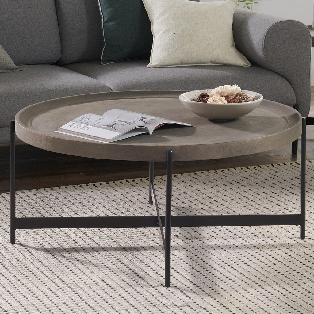 42-Inch Round Concrete-Coated Wood Coffee Table with Tray Top P7540