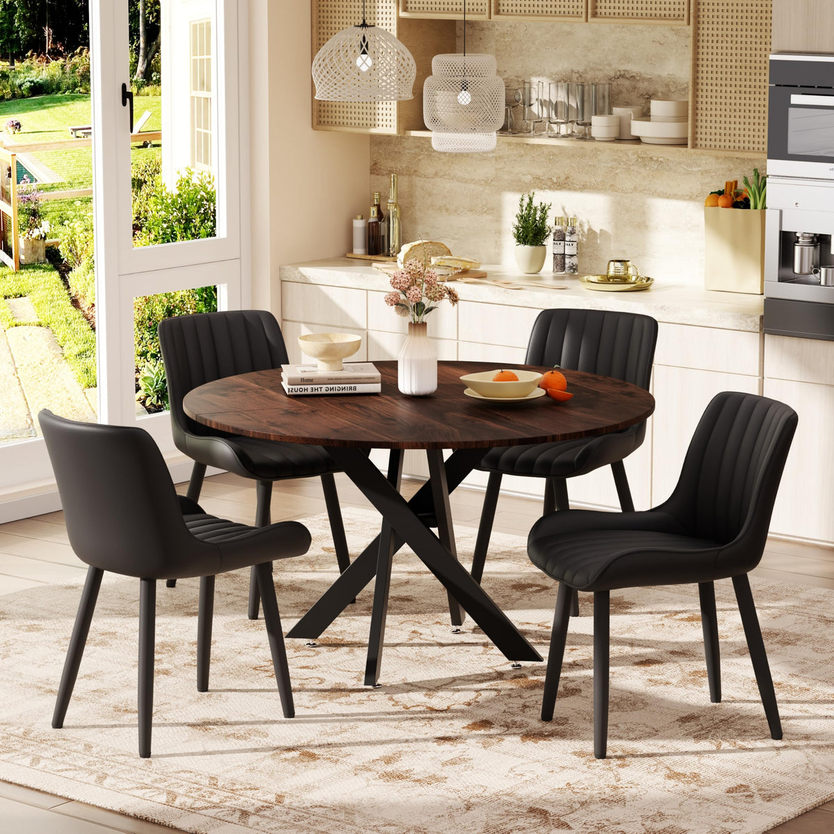 47" Walnut Round Dining Table Set for 4 with 4 Black Upholstered Chairs U710