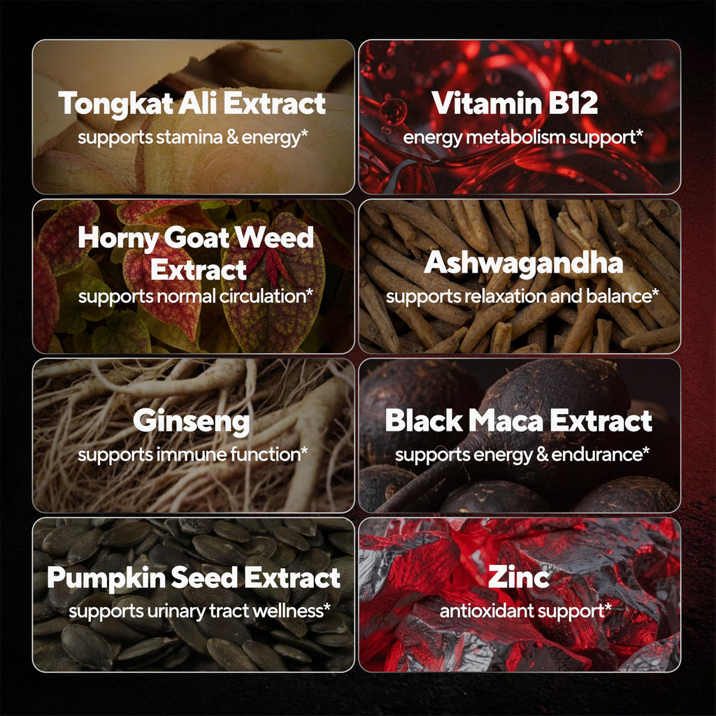90 Vegan Caps Men Supplements with Tongkat Ali, Black Maca Root, Zinc, Vitamin B12 V8474