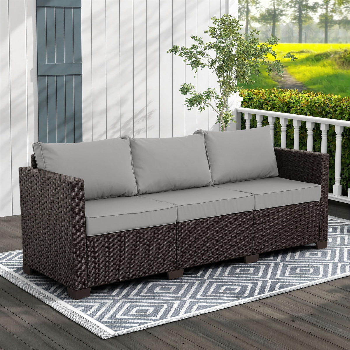 Brown Wicker 3-Seat Outdoor Sofa with Grey Cushion B447224