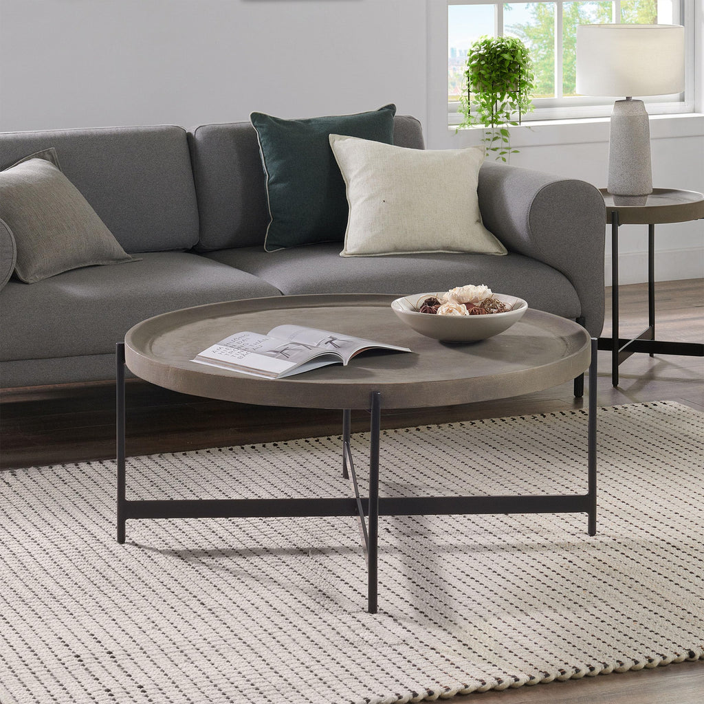 42-Inch Round Concrete-Coated Wood Coffee Table with Tray Top P7540