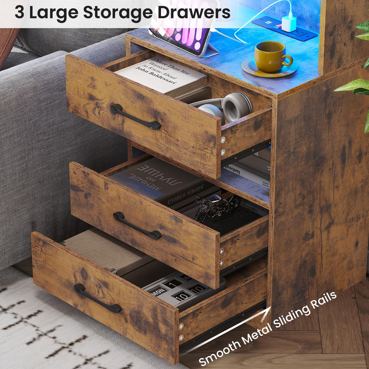 Rustic Brown Nightstand with Charging Station and LED Lights P25957