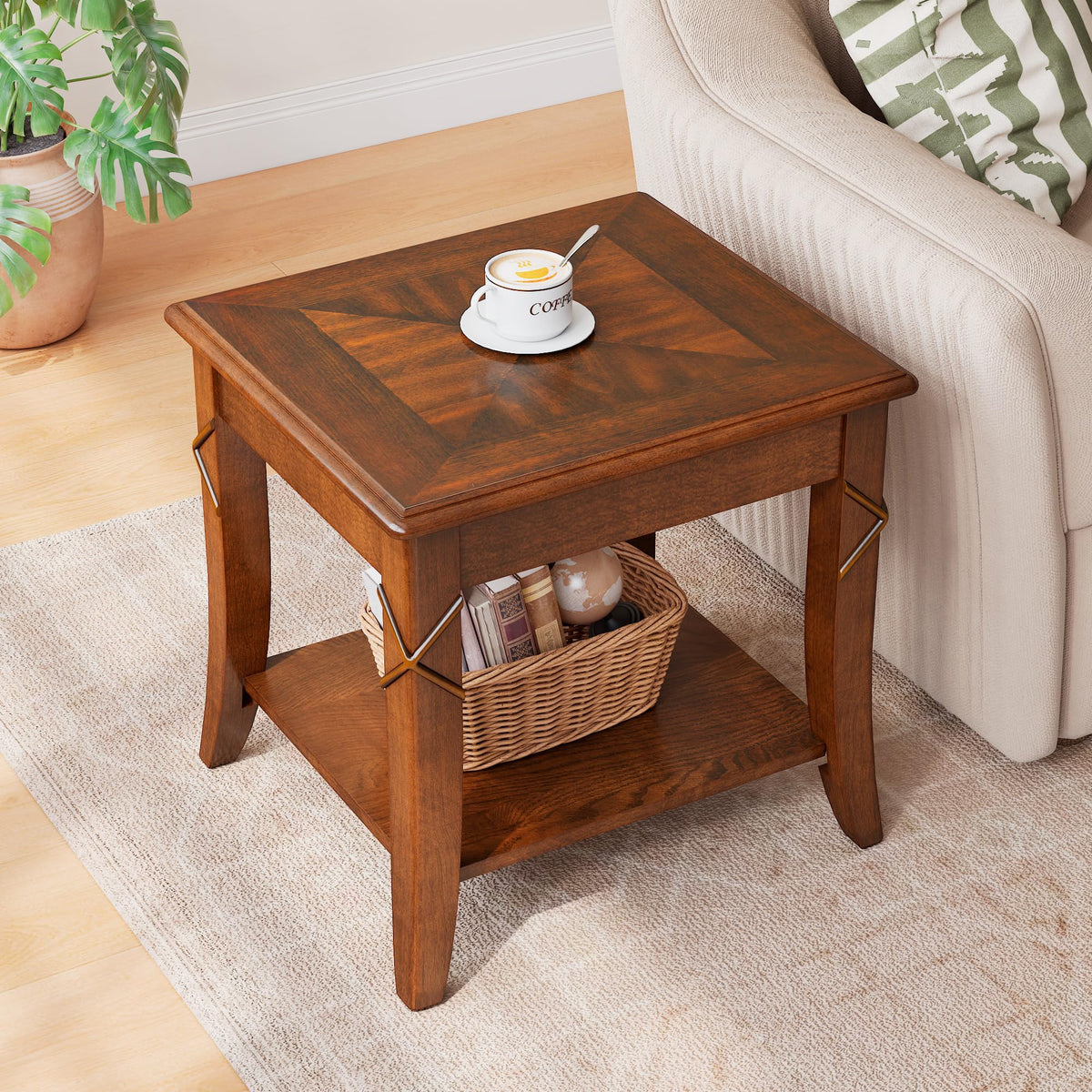 Wooden 2-Tier End Table with Shelf W4673