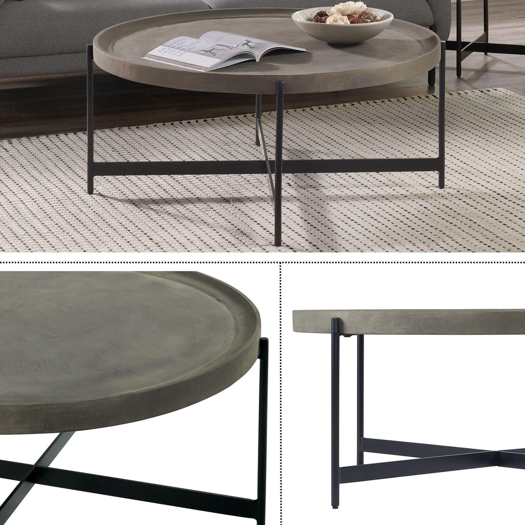 42-Inch Round Concrete-Coated Wood Coffee Table with Tray Top P7540