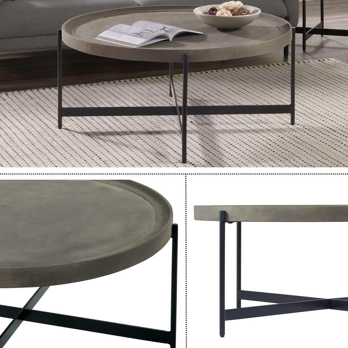 42-Inch Round Concrete-Coated Wood Coffee Table with Tray Top P7540